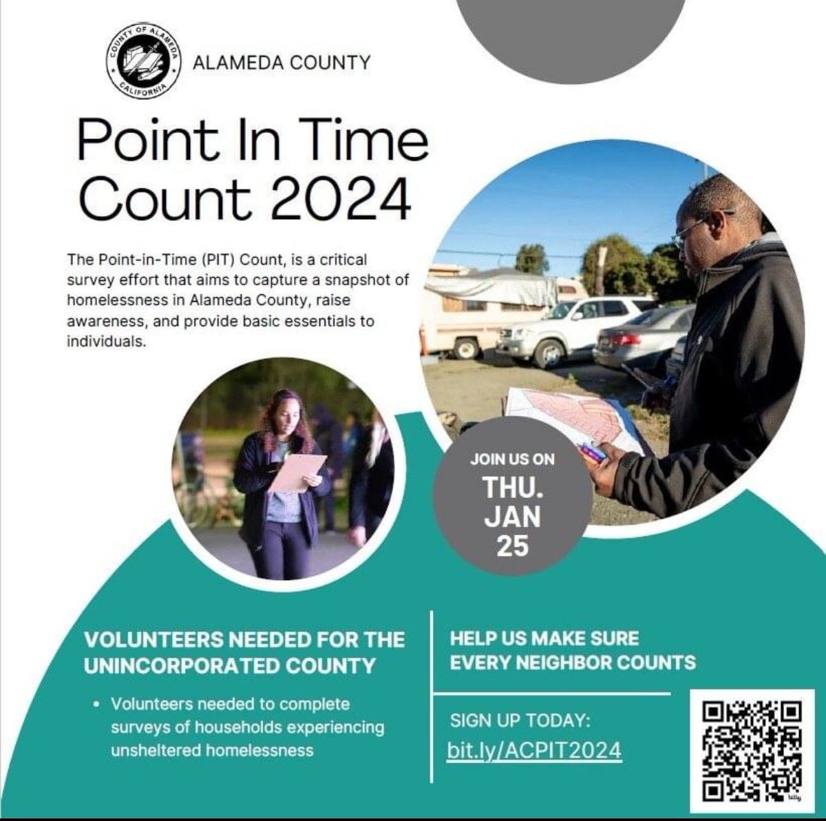 Are you looking to volunteer or help out in your community? The Point-in-Time (PIT) Count is a county-wide count of all people experiencing #homelessness during a 24-hour period. Register to volunteer at alameda24.pointintime.info #CountingUs #PITCount