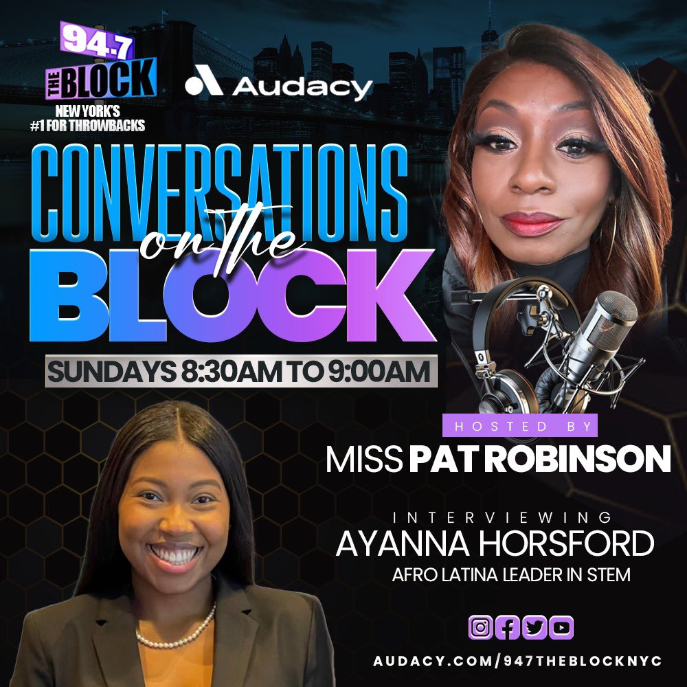 New Year ! New Flyer! Néw Guest! Tune in on Sunday on @947theblock on @convos_ontheblock as I talk with this amazing Afro Latina emerging leader in the STEM field. @ayanna.mariex . Meet Ayanna Horsford. Sunday morning! 👩🏽‍🔬#stemleaders Media Support @jswiftphotos @aleeiaabraham