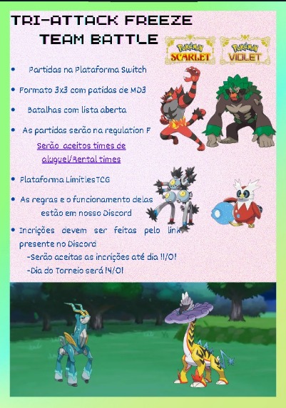 vgcsul's tweet photo. Fala galera tudo certo? Estamos organizando um novo tipo de torneio para o pessoal treinar: o Tri-Attack Freeze Team Battle! Este torneio será disputado em equipes/times de de 3 a 5 pessoas, onde cada rodada cada equipe irá escolher 3 jogadores para disputar o round. + https://t.co/gIIw43dVaw
