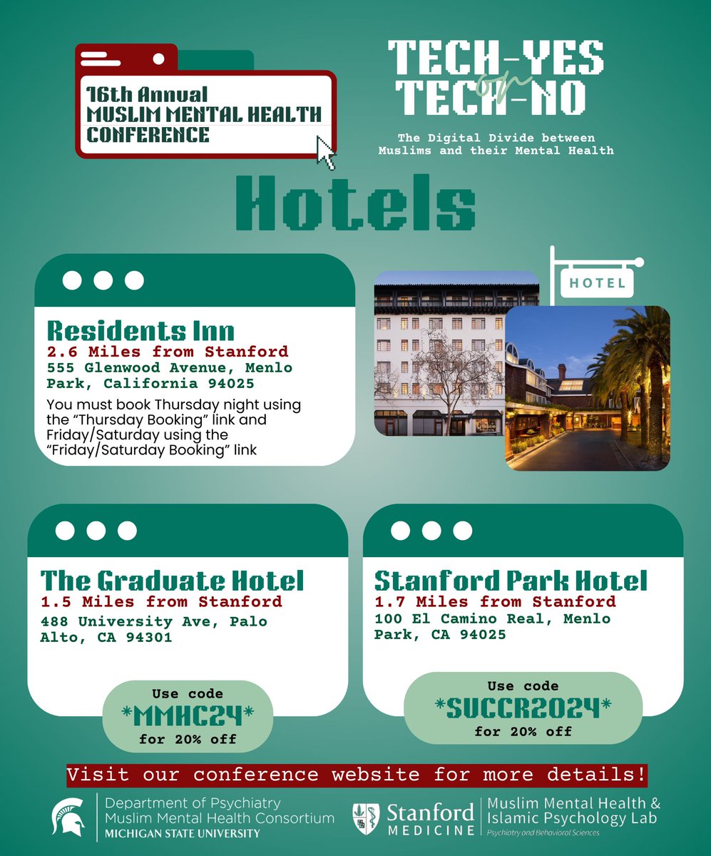 StanfordMMHIP's tweet photo. Travel and lodging information for the 16th Annual Muslim Mental Health Conference! For more information, be sure to visit our conference website! 

We look forward to seeing you there! 

https://t.co/EncBXveE8I https://t.co/jiuLKBoObo