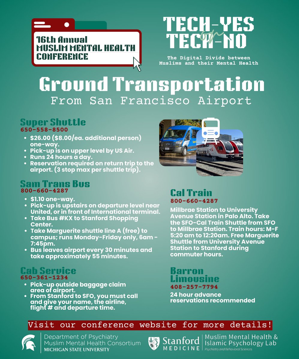 StanfordMMHIP's tweet photo. Travel and lodging information for the 16th Annual Muslim Mental Health Conference! For more information, be sure to visit our conference website! 

We look forward to seeing you there! 

https://t.co/EncBXveE8I https://t.co/jiuLKBoObo