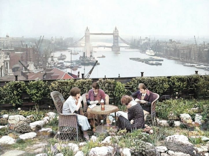 Adelaide House roof garden, overlooking the River Thames and Tower Bridge, 1934. The roof garden covered two-thirds of an acre and featured an 18-hole putting course, a rookery, fruit trees and beehives. For the garden, 350 tons of soil was carried upstairs.