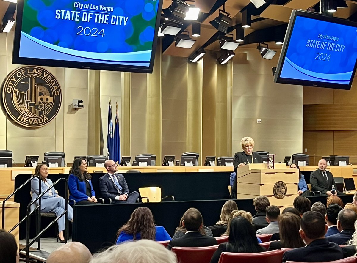 sddoebler's tweet photo. The @CityOfLasVegas Chambers are full for the last State of the City address by our beloved @mayoroflasvegas! It’s the end of a 25 year golden era of Goodman family leadership. #stateofvegas https://t.co/O9pSu9a7BE