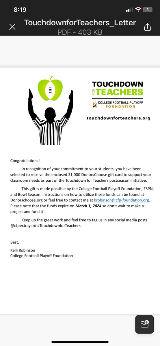 LebronMilca's tweet photo. Touchdown for Teachers! What an HONOR this is awesome! https://t.co/0rQkJyqssT