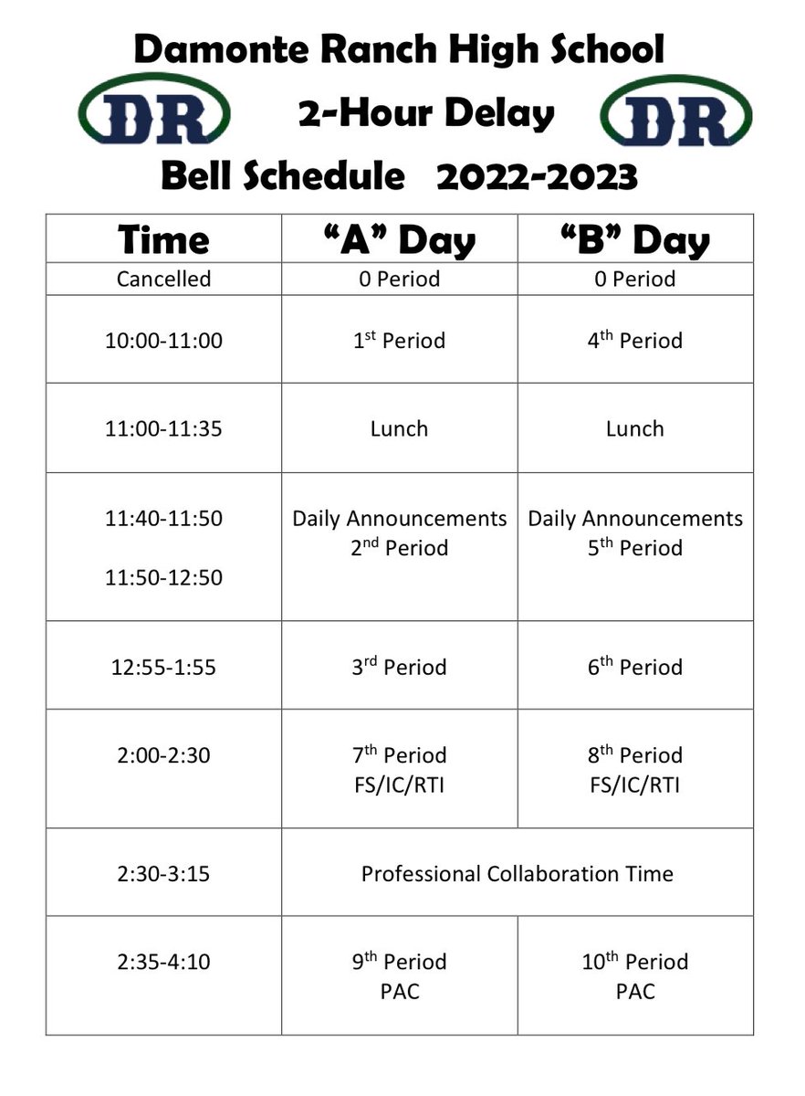 Damonte Ranch families…
Tomorrow will be a B day with a 2-hour delay schedule. Ignore the 22-23 dates. We are using the same schedule this year.