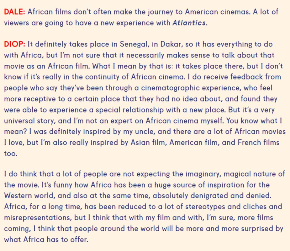 akorokoafrica's tweet photo. African Cinemas: Continuum, Change, and the Politics of Labeling...
Mulling over this excerpt from a Metrograph interview with Mati Diop regarding her 2019 debut #ATLANTICS, and its place in the realm of African cinemas. Specifically, what an "African film" is or should be, and the politics of labeling.
It raises questions about several key issues and invites deeper engagement, especially when juxtaposed against her uncle, the late great pioneer Djibril Diop Mambéty's 30-year-old statement, "It is good for the future of cinema that Africa exists," and his call for African filmmakers to "invent" their own culturally distinct film languages.
To be clear, I'm not pitting them against each other, but rather understanding and appreciating the continuum and evolution of African cinemas through their individual contributions, especially as relatives.
Also, in the excerpt, she mentions being inspired by him.
But it's important to note that Diop's mixed African and European heritage and international background might influence her viewpoint. Her reluctance to categorize ATLANTICS strictly as African cinema could reflect her own personal identity, therefore resisting a singular label.
Also, the generational difference between them is necessary for understanding their perspectives and motivations. Mambéty's experiences under colonial rule and in the subsequent post-colonial landscape deeply influenced him and his work.
Ultimately, Diop's perspective is critical as it opens up space for filmmakers to present stories that are not strictly bound by heritage but are instead enriched by them.
It allows for a more representative global cinema landscape, where the focus is on storytelling's universality.
And maybe most importantly, it underscores the need for African filmmakers to break free from traditional labels and expectations and create something new and unique, drawing from experiences and influences freely, without the constraints of fitting into a predetermined "African film" construct.
That said, labeling a film as "African" or not can be inherently political. It's a very long, multifaceted discussion that encompasses issues of identity, authenticity, cultural preservation, funding, historical context, the global marketplace, and representation.
Diop's approach seems to mostly align with Mambéty's vision for African cinema in pushing boundaries, challenging expectations, and enriching the global film landscape.
Even his idea of authentic African film languages could imply synthesizing various cultural elements to create a multitude of uniquely African film languages. Diop's suggestion of a blend of different cinematic traditions, incorporating global influences while rooted in an African context, could be seen as a step towards this.
However, where they might diverge is in Diop's more global approach versus Mambéty's seeming emphasis on distinctly African narratives.
These are all complex and multifaceted conversations. My goal as always is to contribute to the ever-evolving narrative of African cinemas, especially as we march into a future that's at once promising in terms of its potential for growth and global influence, but is also very uncertain.
#LaboratoryOfTheFuture