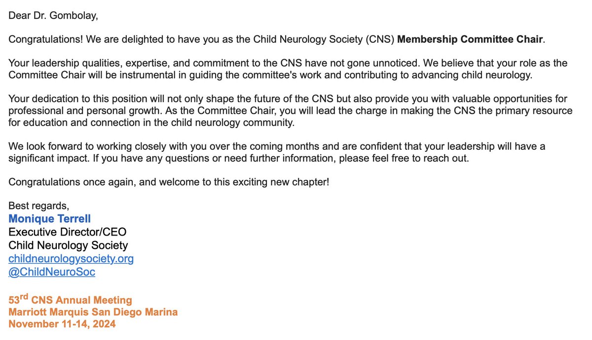 Excited and privileged to take on this new role for @ChildNeuroSoc members! Remember #neurotwitter @NMatch2024 med student membership is FREE! Apply 👉shorturl.at/jwFX9 🙏🏼 President @pbkang7 Executive Director/CEO @moniqueterrell and the board for the opportunity