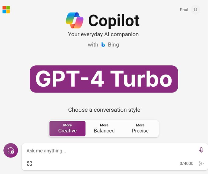 FinanceYF5's tweet photo. 微软 Copilot 的好消息。

它现在可以免费使用 GPT-4 Turbo。

这意味着您不再需要 ChatGPT Plus 就能使用最新的 OpenAI 模型。

下面是如何检查您是否有访问权限以及它的变化：（from @itsPaulAi） https://t.co/L7MDesEX7V