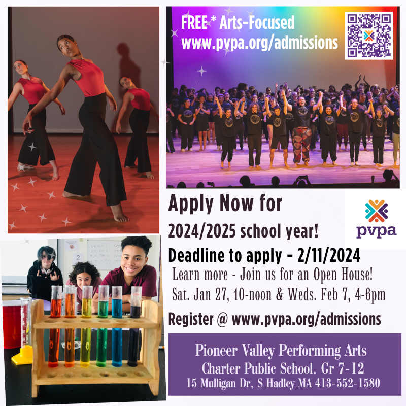 HilltwnFamilies's tweet image. PVPA in South Hadley, MA, enrolling 7-12th graders for 2024/25. 🎨 Artistic growth, no tuition/audition. Apply by Feb 11 ➡️ conta.cc/3SeAEjj
#PVPA #CharterSchool #WesternMass