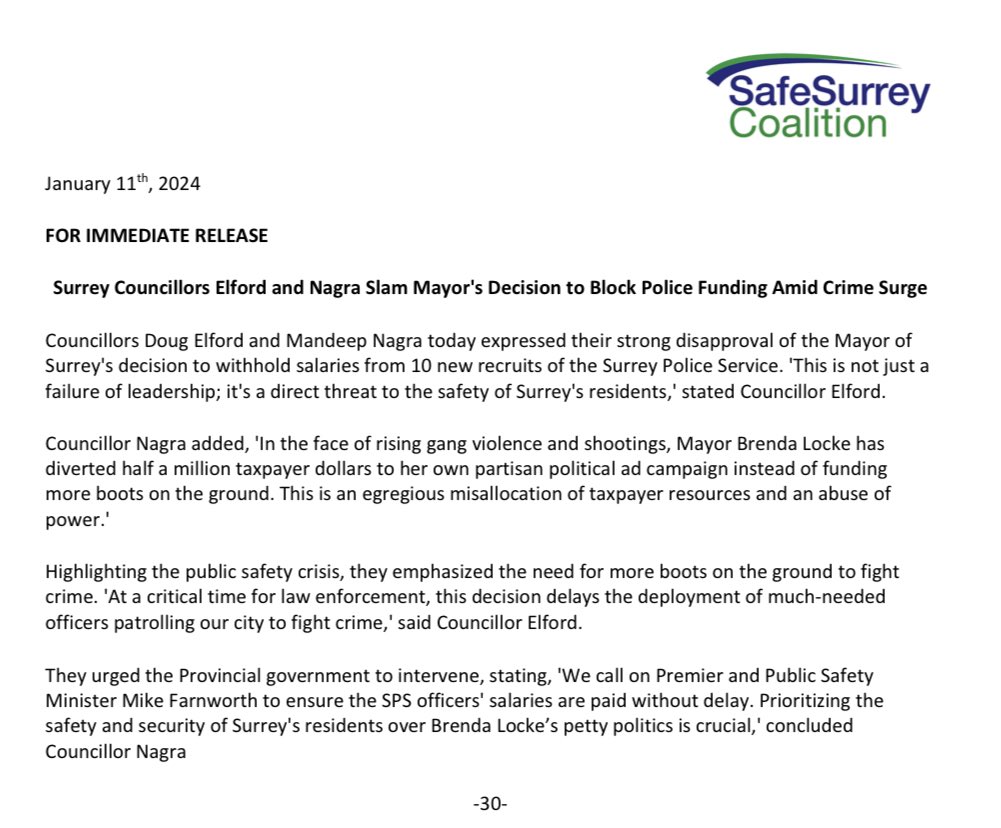 Surrey Councillors Elford & Nagra call out Mayor for blocking police funds amidst rising crime. They demand immediate action to secure officers’ pay and residents’ safety. @JanetBrown980 @CKNW @CityNewsVAN @cherylchan @VancouverSun @CTVVancouver @CBCVancouver #bcpoli