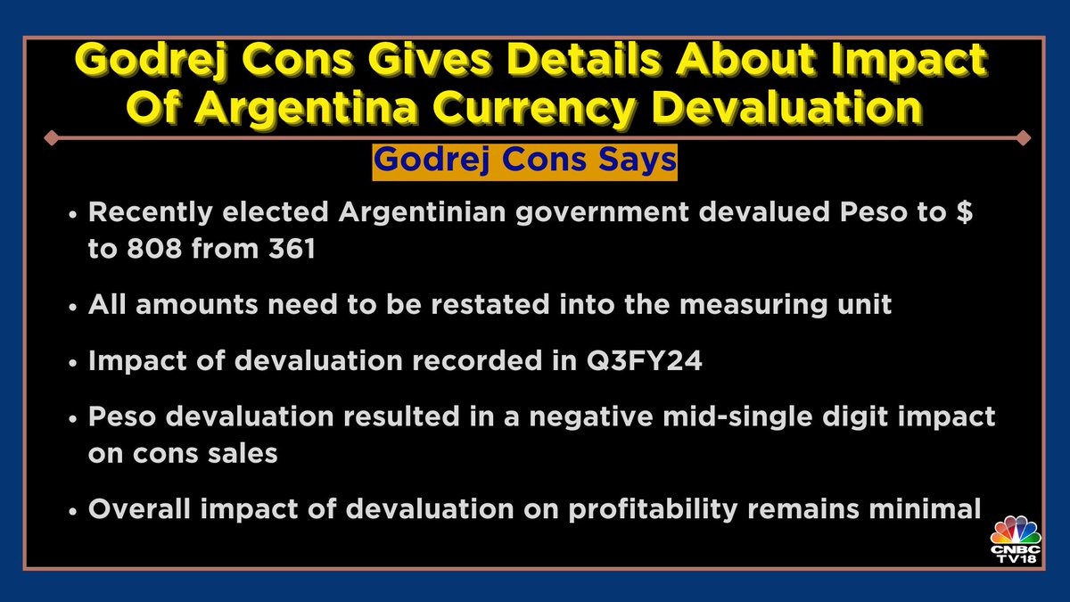 GodrejCons gives details about impact of Argentina currency devaluation  Recently elected Argentinian government devalued Peso to $ to 808 from 361.  Impact of devaluation recorded in Q3FY24, says co