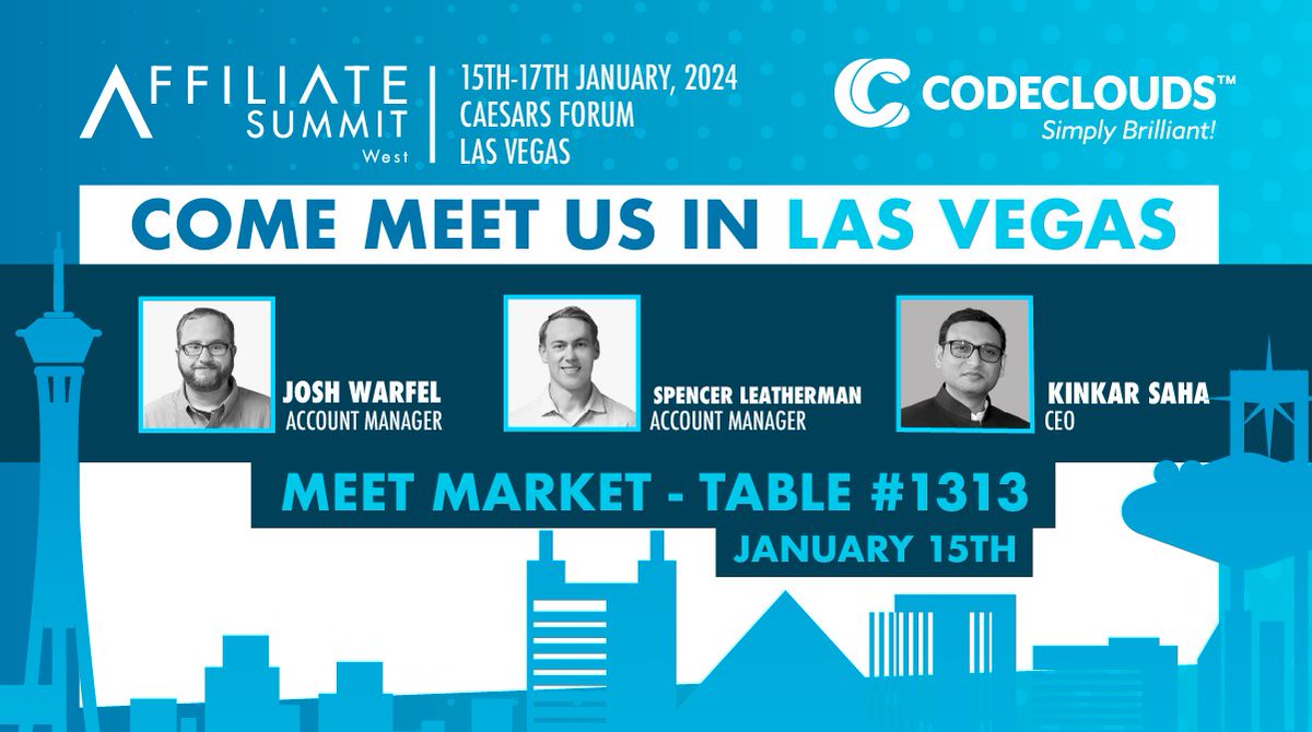 codeclouds's tweet image. Come see us in Vegas at #AffiliateSummitWest 2024! We’ll be in the Meet Market at table 1313 ready to discuss your next big web project.
#BusinessGrowth #OnlineSolutions #MeetMarket #CodeClouds