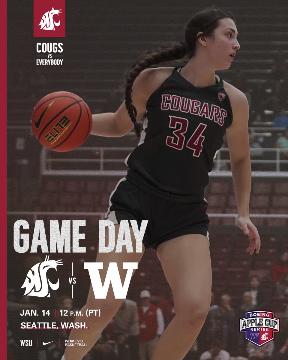WSUCougarWBB's tweet photo. 𝙂𝘼𝙈𝙀 𝘿𝘼𝙔!

Ready for another Apple Cup matchup! 🍎

⌚ 12 pm (PT)
📺 https://t.co/MrnwJl6cPm
📊 https://t.co/ByhcPGvTH3
📰 https://t.co/TEi7h4eBrr

#GoCougs | #CougsVsEverybody https://t.co/cfAsdD1Vrq