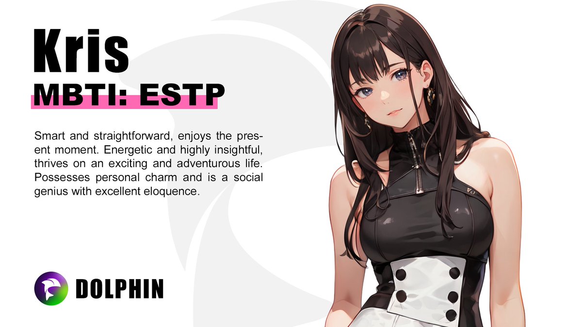 web3dolphinAI's tweet image. As ESTP personality girlfriend, Kris is smart and straightforward, always enjoying the present moment.

Kris is energetic and a good talker for any kind of topic you want to share and discuss, she is perfect for you.

Chat, live with her later on the Dolphinbot.ai