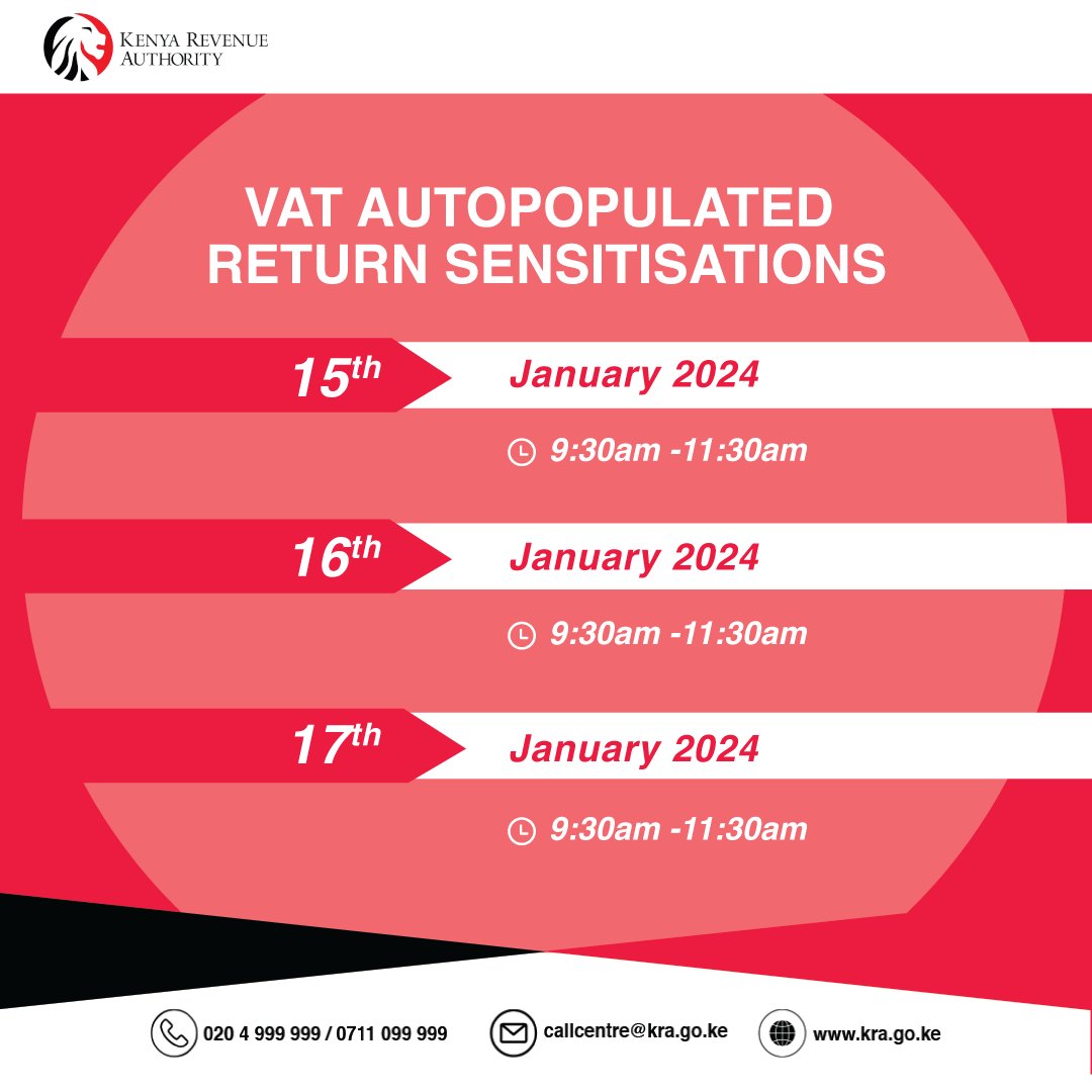 KRACare's tweet photo. From January 2024 onwards, your VAT returns will come pre-filled with your tax details, making filing hassle-free.
Join our various tax training webinars next week to learn how to file.
Monday 15th - https://t.co/pBAWV6Z8og
Tuesday 16th - https://t.co/3LUVOiz1yD
Wednesday 17th - https://t.co/Aldg8jdbwI
#KRATraining #VAT