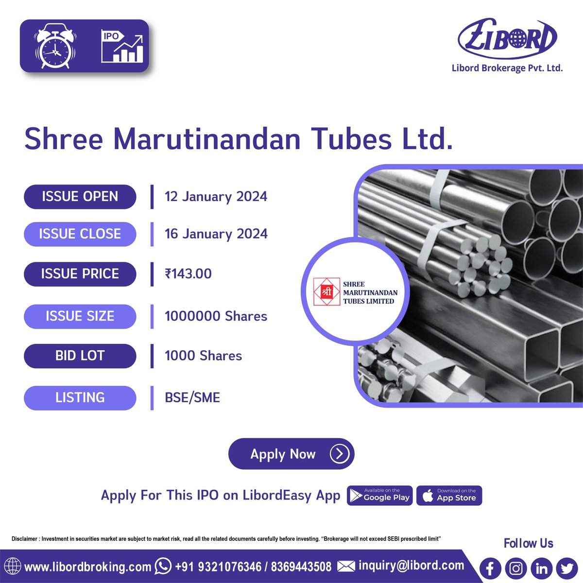 LibordBrokerage's tweet image. Shree Marutinandan Tubes Ltd. #IPO hit the market from #Today, book now
IPO Application Date: 12 January to 16 January 2024
Hurry to book your IPO at ekyc.libordbroking.com/eipo
#ApplyIPO #BookIPO #LatestIPO #IPOalert #IPONEWS #viralpost #nifty #virals #nse #IPO #bse #sebi #chatgpt