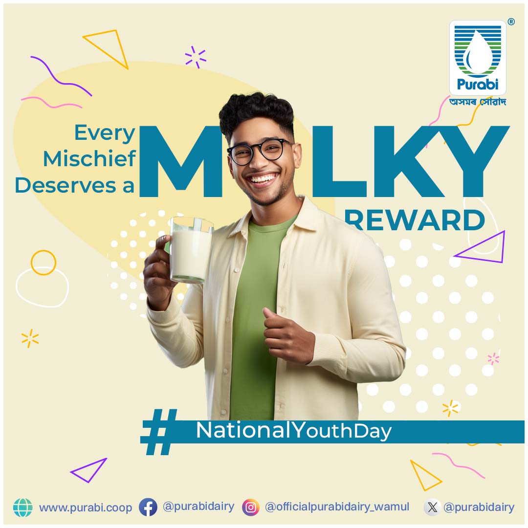 purabidairy's tweet photo. On Youth Day, let's toast to the potential within every young soul. A reservoir of dreams waiting to be poured into the world.
#purabidairy #purabimilk #NationalYouthDay #wamul #dairyproducts #assam https://t.co/c6lCrw3GNB