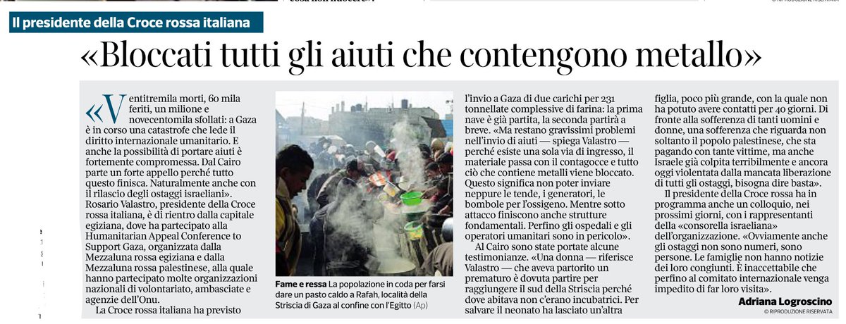 francofontana43's tweet photo. “23 mila morti, 60 mila feriti, un milione e 900 mila sfollati:
a Gaza è in corso una catastrofe che lede il diritto internazionale umanitario” 
Parla Rosario Valastro, presidente della Croce Rossa Italiana
@adlogroscino, @Corriere https://t.co/1Qw3wKwgrv