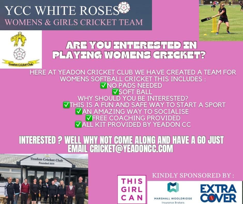Leeds Girls Can (@leedsgirlscan) on Twitter photo Interested in playing Women's Cricket? Check out the YCC White Roses Womens and Girls Cricket Team.
Find out more by emailing cricket@yeadoncc.com
#ThisGirlCan #Cricket #WomensSport #WomensCricket Interested in playing Women's Cricket? Check out the YCC White Roses Womens and Girls Cricket Team.
Find out more by emailing cricket@yeadoncc.com
#ThisGirlCan #Cricket #WomensSport #WomensCricket
