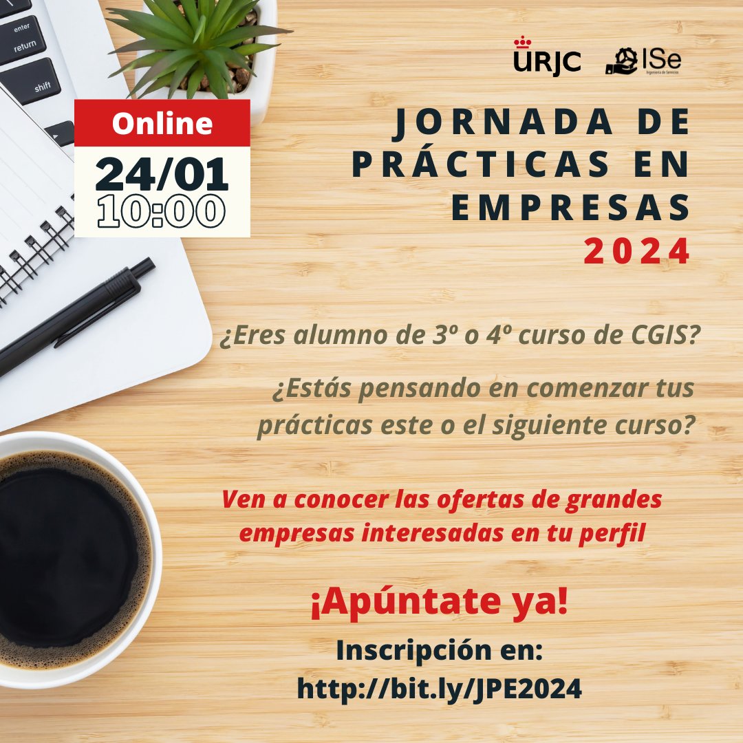 ISE_URJC's tweet photo. El 24/01 se celebra una nueva edición de las Jornadas de Prácticas Empresa para los alumnos del Grado en Ingeniería de Servicios! 
Será en el Salón de Actos del Ed. Manuel Becerra de 10 a 13h. Para participar debéis apuntaros en el link: https://t.co/t8PIzSRXsL 
Os esperamos! https://t.co/iRtluVlJqa