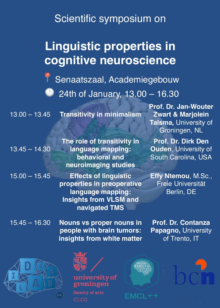 Adrià Rofes (@adrofes) on Twitter photo 📢Please RT! January 24 1.30-4.30pm (CET) symposium with a focus on naming, transitivity, and brain tumor surgery! Free attendance on-site and on-line (see link): meet.google.com/xaw-qypf-qgd <a href="/UGNeuroLing/">Neurolinguistics @ UG</a> <a href="/FacultyofArtsUG/">Faculty of Arts - University of Groningen</a> <a href="/univgroningen/">University of Groningen</a>
@ENtemou 📢Please RT! January 24 1.30-4.30pm (CET) symposium with a focus on naming, transitivity, and brain tumor surgery! Free attendance on-site and on-line (see link): meet.google.com/xaw-qypf-qgd <a href="/UGNeuroLing/">Neurolinguistics @ UG</a> <a href="/FacultyofArtsUG/">Faculty of Arts - University of Groningen</a> <a href="/univgroningen/">University of Groningen</a>
@ENtemou
