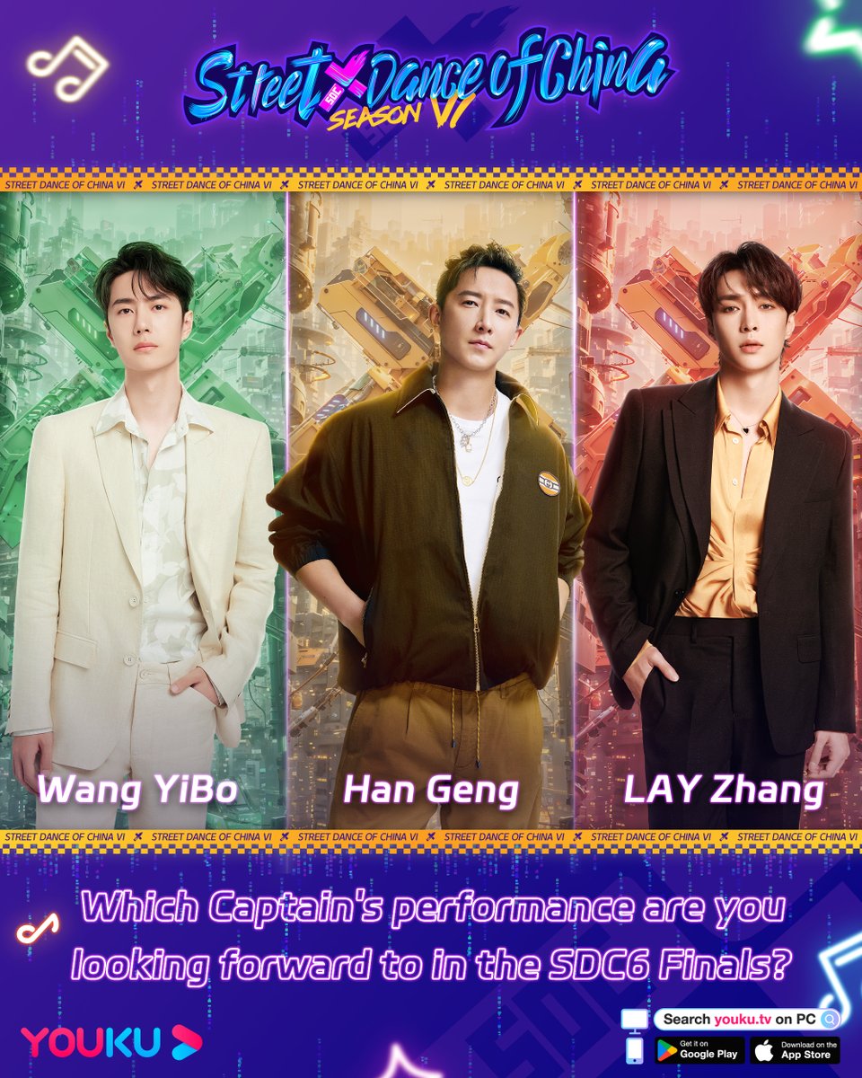 YoukuOfficial's tweet photo. #StreetDanceOfChinaS6 The battle of the champion is coming���Captain #HanGeng , Captain #WangYiBo and Captain #LAYZhang (In alphabetical order of artists, in no particular order) make a surprise comeback! What performance do you expect to see from the three captains in the SDC6 Finals? Dance, comments, play games or other interesting things? Come and choose the Captain you look forward to and leave comments what you want him to do in the SDC6 Finals. Maybe it will come true! 🥰
 
#YOUKU #优酷
