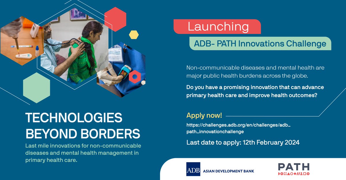 📢Announcing the @ADB_HQ & @PATHtweets new Innovations Challenge in Non-Communicable Diseases and Mental Health Management in Primary Health Care. 🥇$20,000 each to 2 winners 🌐Support for feasibility assessments 🎙️Showcase findings at ADB conference Apply:challenges.adb.org/en/challenges/…