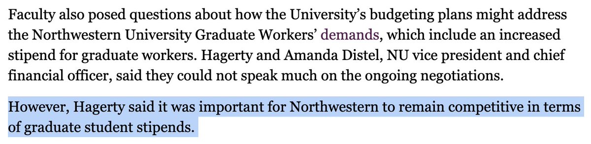 We agree Provost Hagerty! The stipend for NU Graduate Workers DOES need to remain competitive. Sadly at the bargaining table, Northwestern offered insulting stipend proposals that cuts our pay when accounting for inflation. 🙃
