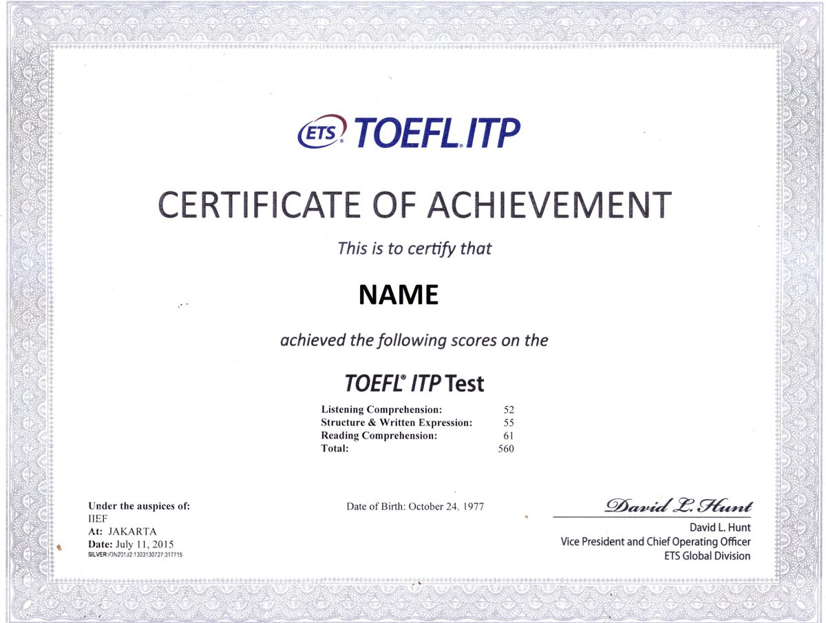 tiwukaaa's tweet photo. [TOEFL ITP] bisa paper-based bisa computer-based. Seingetku sertif yg paper-based keluar setelah 10 hari kerja. Tapi biasanya report onlinenya bisa diminta jarak berapa hari setelah tes, tergantung masing-masing lembaga. Tesnya bs di lembaga yg kerjasama ETS.

Contoh sertifnya https://t.co/76TID36fYc
