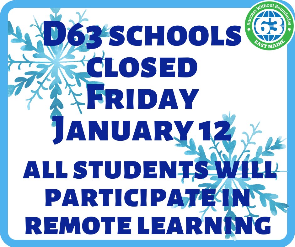 Due to winter weather conditions, our school buildings will be closed Friday, January 12. All students will learn remotely from home; check your email and our website -  emsd63.org - for details.
