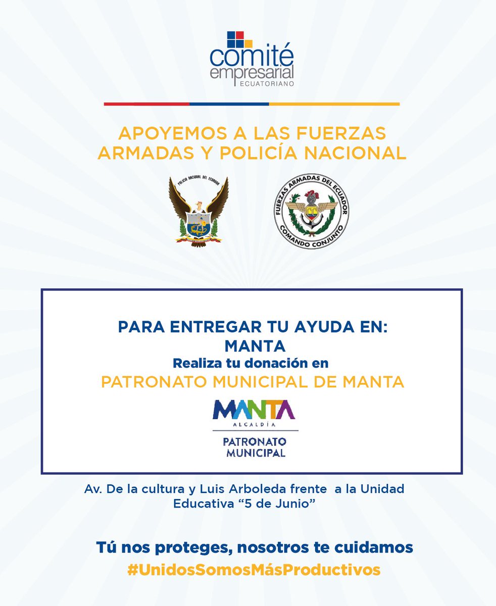 CeEcuatoriano's tweet photo. “Tú nos proteges, nosotros te cuidamos” 
Invitamos a la ciudadanía a sumarse a las iniciativas del sector empresarial, campaña en favor de nuestras Fuerzas del Orden.
📍Guayaquil: Cuerpo de Bomberos de Guayaquil
📍Manta: Patronato Municipal de Manta.

En futuros post indicaremos nuevos lugares para entregar las donaciones.
#UnidosSomosMásProductivos