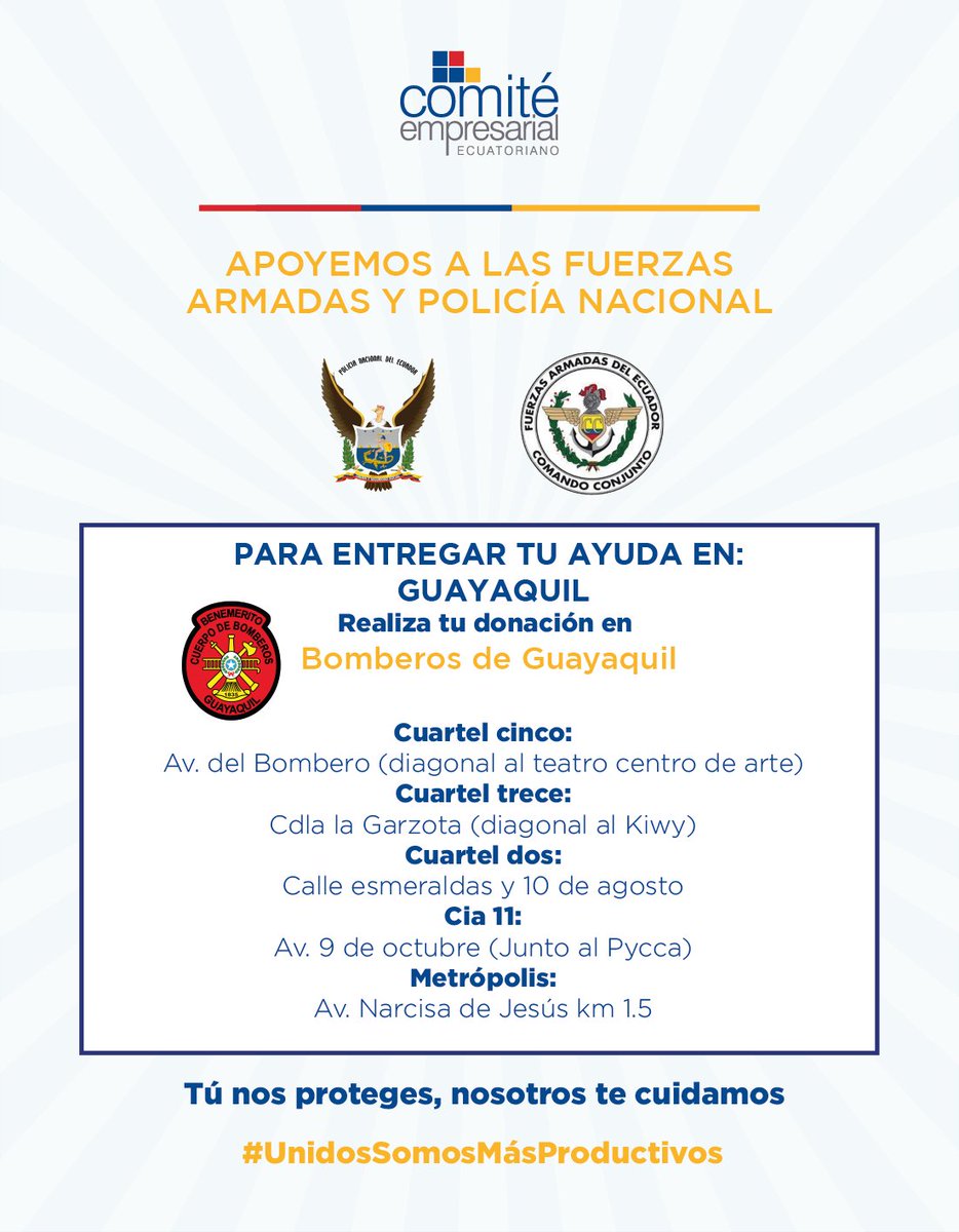 CeEcuatoriano's tweet photo. “Tú nos proteges, nosotros te cuidamos” 
Invitamos a la ciudadanía a sumarse a las iniciativas del sector empresarial, campaña en favor de nuestras Fuerzas del Orden.
📍Guayaquil: Cuerpo de Bomberos de Guayaquil
📍Manta: Patronato Municipal de Manta.

En futuros post indicaremos nuevos lugares para entregar las donaciones.
#UnidosSomosMásProductivos