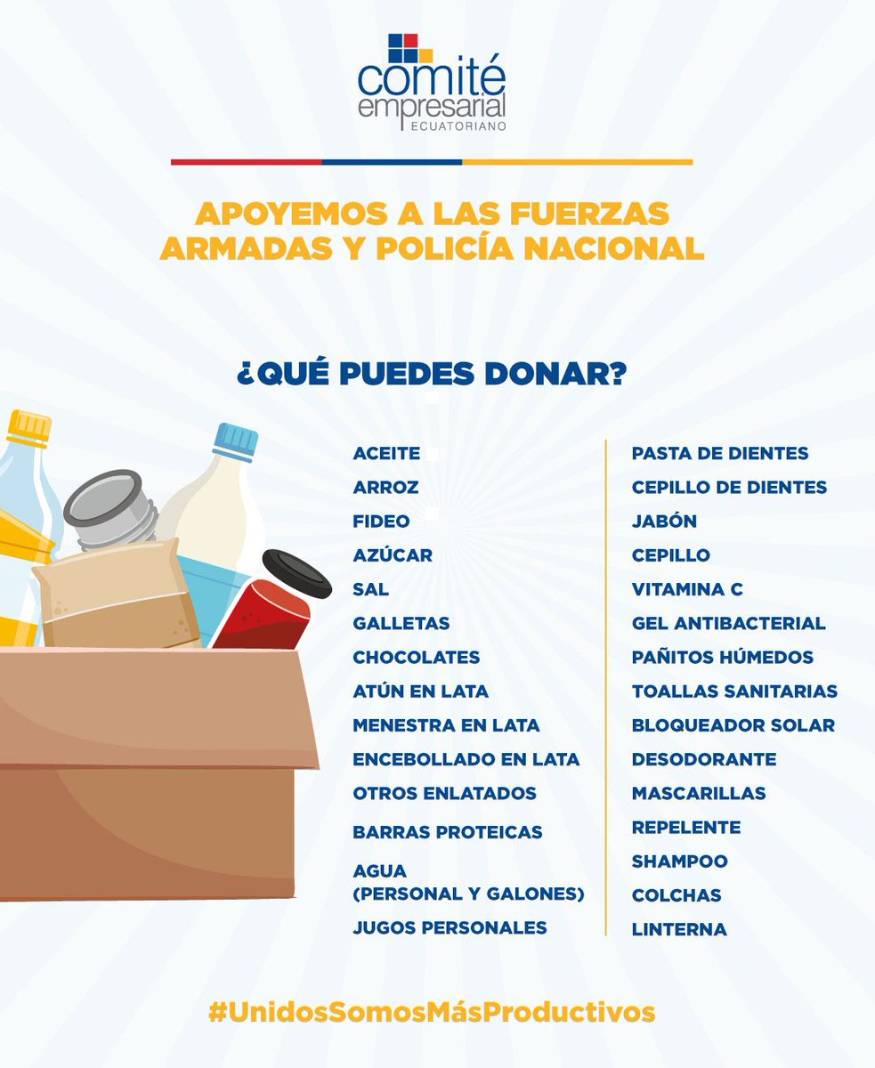 CeEcuatoriano's tweet photo. “Tú nos proteges, nosotros te cuidamos” 
Invitamos a la ciudadanía a sumarse a las iniciativas del sector empresarial, campaña en favor de nuestras Fuerzas del Orden.
📍Guayaquil: Cuerpo de Bomberos de Guayaquil
📍Manta: Patronato Municipal de Manta.

En futuros post indicaremos nuevos lugares para entregar las donaciones.
#UnidosSomosMásProductivos