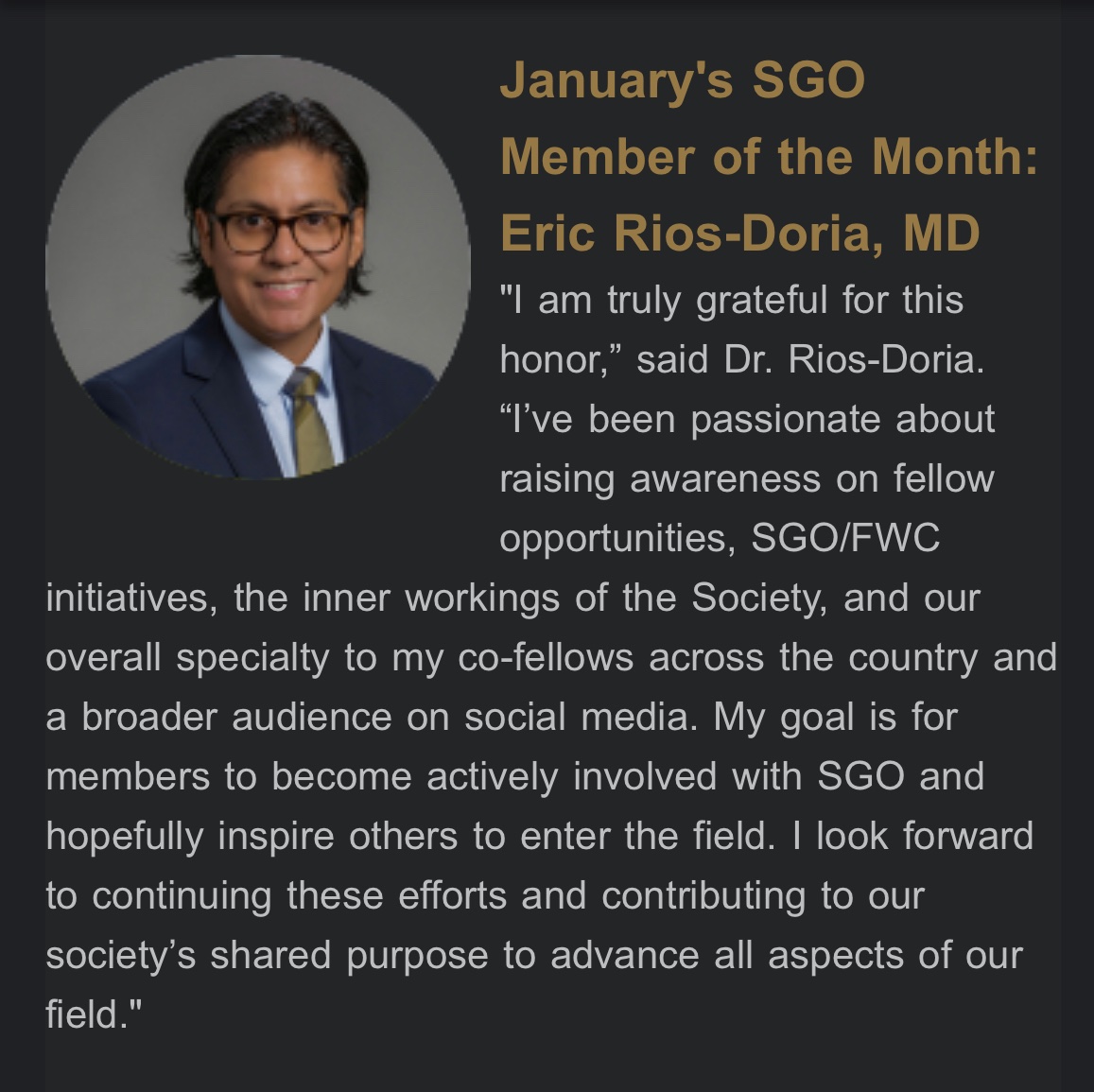 Congrats! This is a well deserved honor for @RiosDoriaMD! Dr. Doria has been killing it as a #GynOnc fellow. Not only is he the fellow in training @SGO_org board representative, he’s one of the @gynoncjnls social media fellows! Keep killing it! #GynCSM