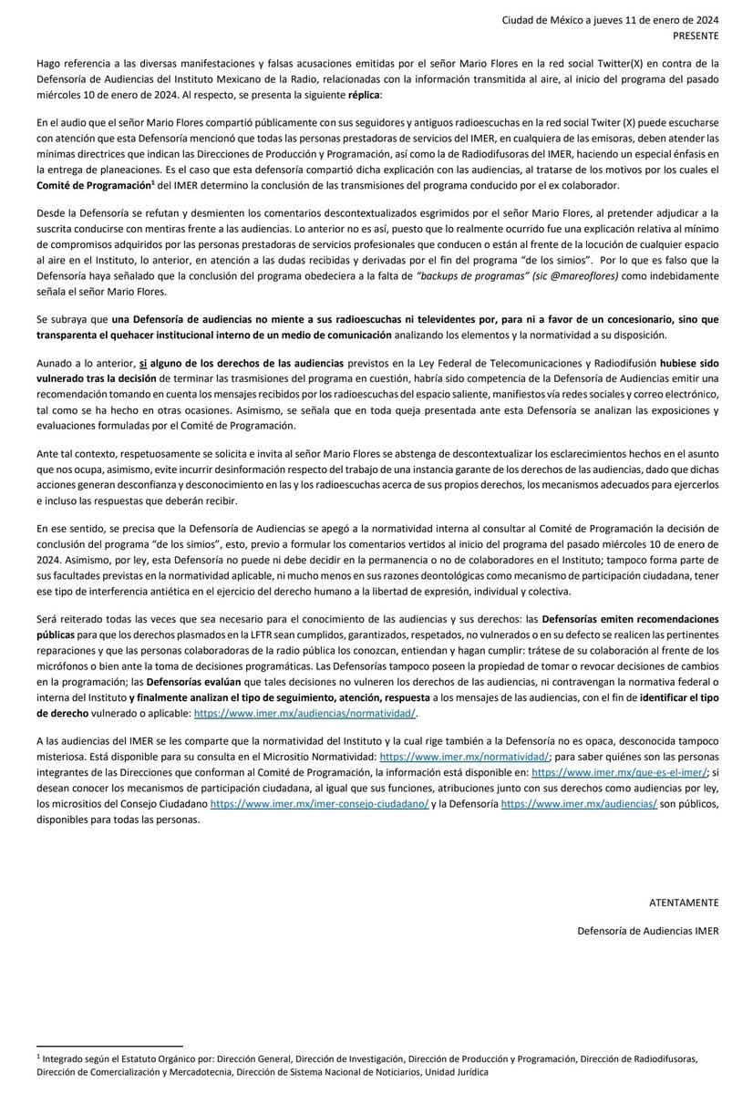 AudienciasIMER's tweet image. ⚠️ Atenta #RÉPLICA y esclarecimiento de la Defensoría de Audiencias del @imerhoy a las falsas acusaciones emitidas por el señor Mario Flores @mareoflores ⬇️
🔗 #Link para su consulta y descarga en el #micrositio de la Defensoría: imer.mx/audiencias/wp-…