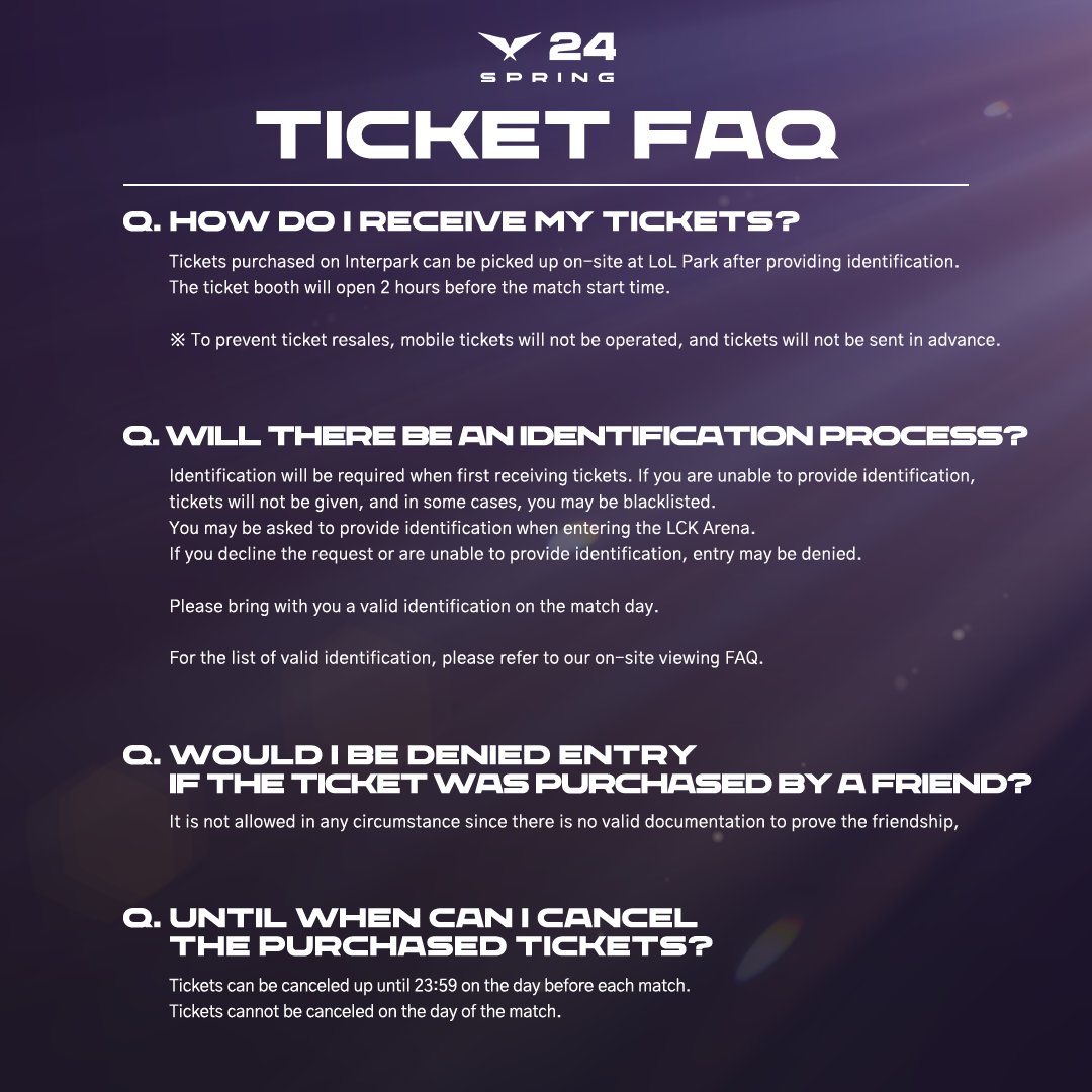 LCK's tweet photo. The 2024 #LCK Spring Split ticket sale will begin on Monday, Jan. 15!

For more information on ticket sales, please check the following FAQs! https://t.co/LjG9D2rZHT