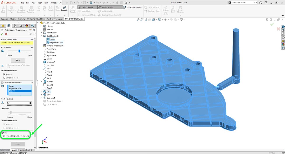 SOLIDWORKSCare's tweet image. You can now &apos;Save settings without meshing&apos; in SOLIDWORKS Plastics 2024 which can save time and make it easier to share Plastics study settings with your colleagues!
go.solidworks.com/SwT
#SOLIDWORKSPlastics