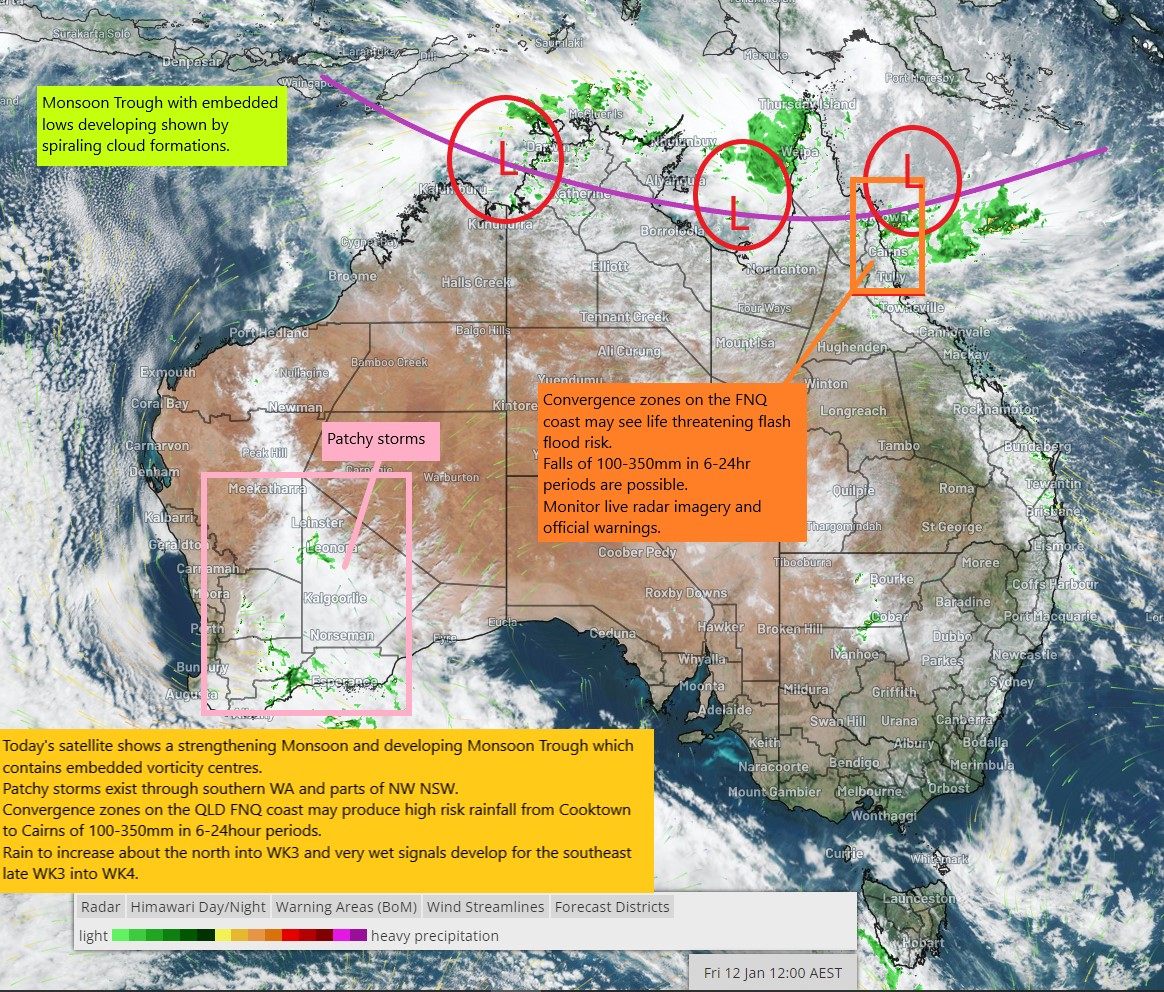 Today's update discusses the week ahead and the approaching High Energy Period that is due to enhance severe weather risk in late week 3 extending into week 4 of January 2024.

Flooding in the north associated with tropical activity and associated tropical outflows will see flood