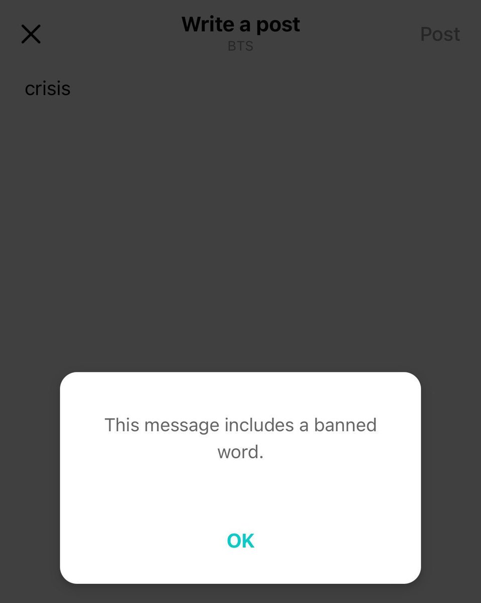 zgangcc's tweet photo. We want to stress that the ban isn't associated with Jimin, it just affects the #ThisIsJimin hashtag due to the substring it contains, so we hope it's fixed quickly.

Even basic common words like 'crisis' are currently banned.

@weverseofficial @HYBEOFFICIALtwt https://t.co/SRQ5i8687u