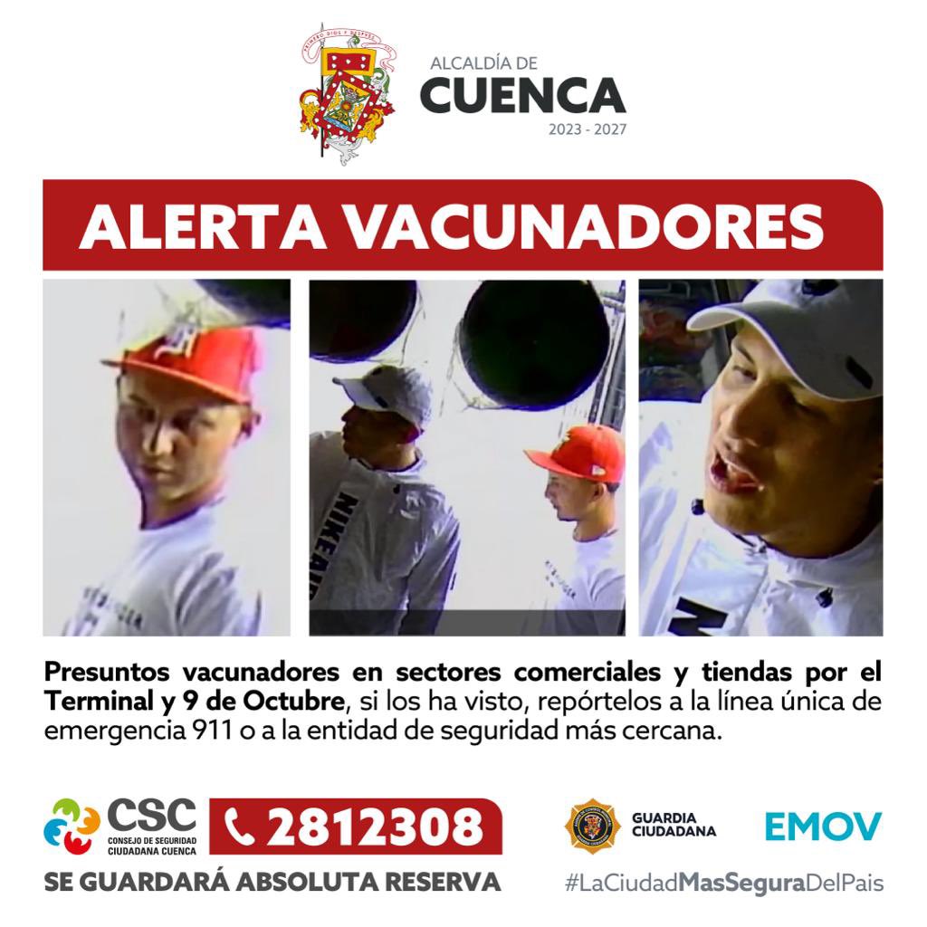 Atención: El <a href="/MunicipioCuenca/">Municipio Cuenca</a> alerta la presencia de presuntos vacunadores en los sectores de la Terminal Terrestre y 9 de octubre en Cuenca.