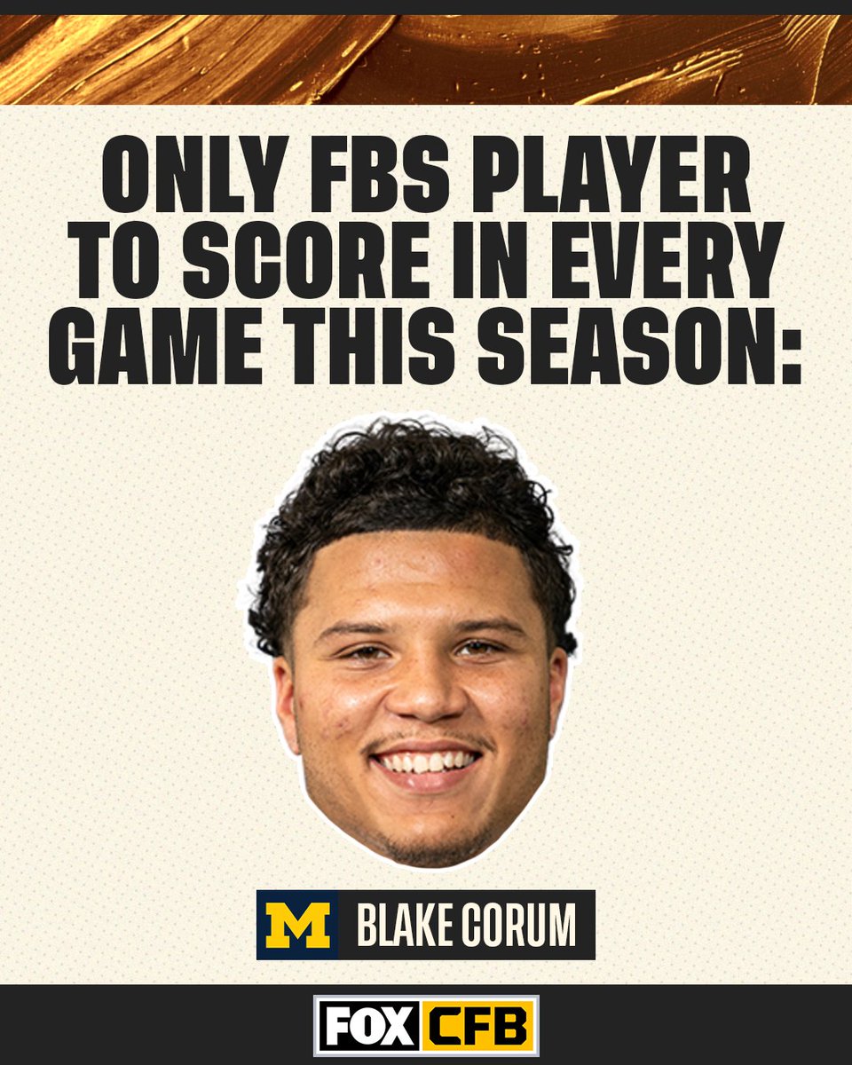 CFBONFOX's tweet photo. 15/15 👏

@UMichFootball's @blake_corum is the only FBS player to score in EVERY game this season 🔥💪 https://t.co/F0fJ2hKHt3