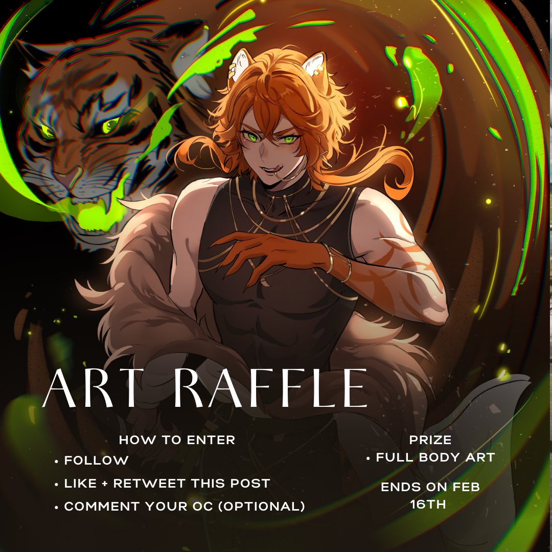 MY FIRST ART RAFFLE OF 2024🎉✨

Rules:
🧡Follow
🧡Like + Retweet post
🧡Reply with your oc/character (optional)

Prize:
💚One full-body art

💚Will add a second winner (one half body art) if we reach 1k followers

The winner will be announced on Feb 16th