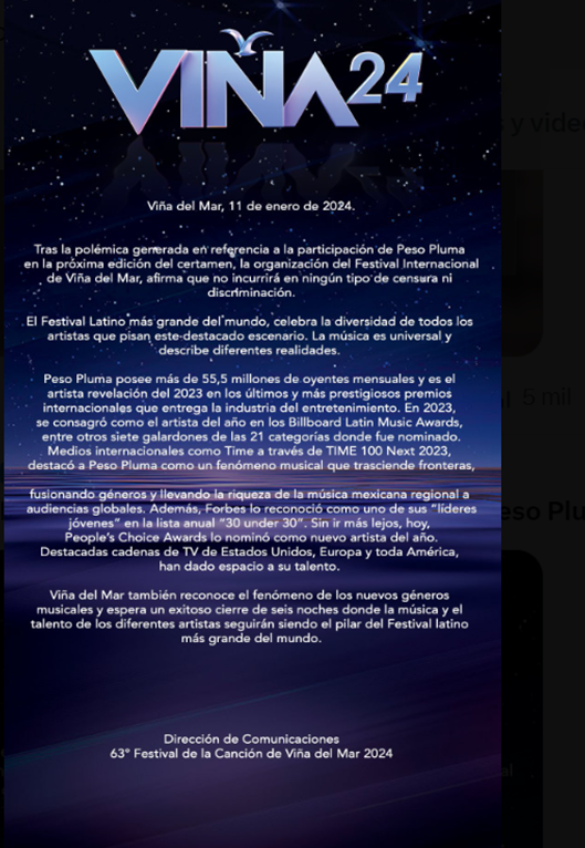 Con la superioridad moral por delante, reivindicando el éxito comercial como único criterio, haciendo apología a Peso Pluma en el texto, aludiendo altos valores (no censurar o discriminar) en favor del narco; el gobierno propina la principal victoria moral del narco en Chile.