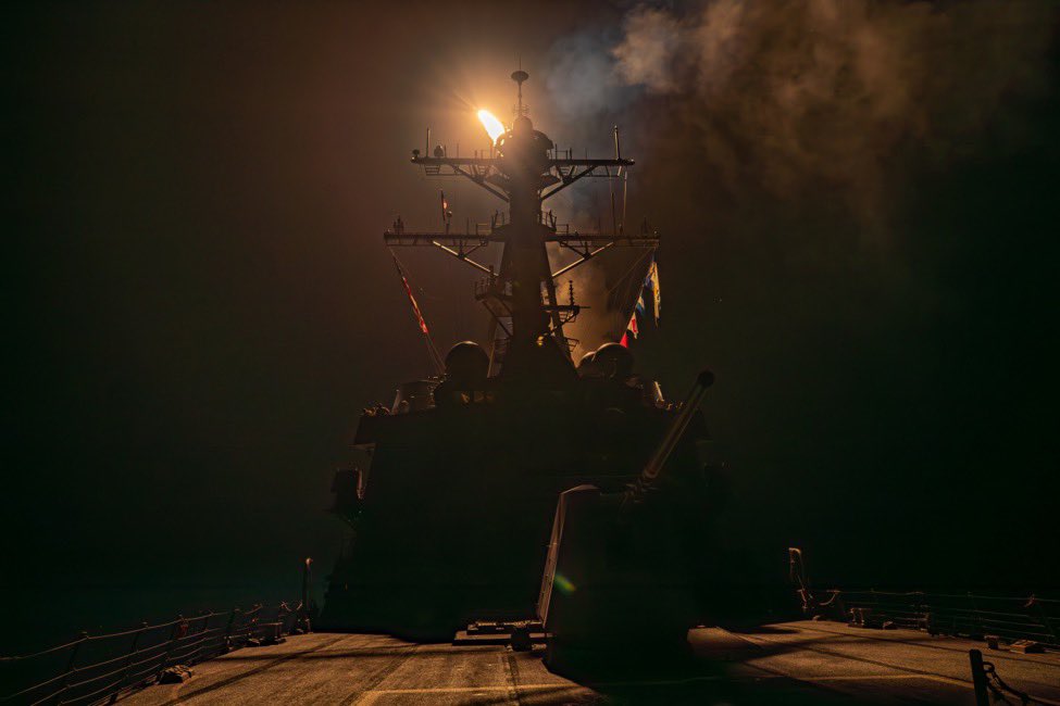 sentdefender's tweet photo. U.S. Central Command has released Footage from aboard the USS Dwight D. Eisenhower (CVN-69) and an Unknown Arleigh Burke-Class Destroyer earlier tonight in the Red Sea, showing the launch of Tomahawk Land-Attack Cruise Missiles as well as EA-18G “Growler” Electronic Warfare Aircraft, F/A-18 “Super Hornet” Multirole Fighters, and an E-2 “Hawkeye” Tactical Airborne-Early Warning Aircraft from Carrier Air Wing 3 to conduct Strikes against the Houthi Terrorist Group in Western Yemen.