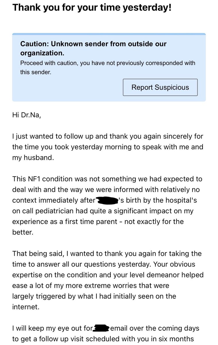 After such a hectic day yesterday with some serious #braintumor diagnoses, this email from a new #NF patients’ parents was so meaningful. I am so grateful. It really made my day and what a privilege! The universe knew I needed this yesterday. #EndNF