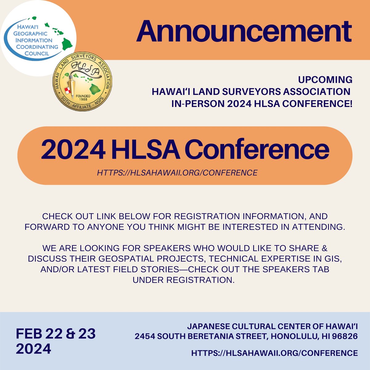 HIGICC's tweet image. Upcoming HLSA Conference! See link for details and to register. HLSA is looking for HLSA Conference speakers! 

hlsahawaii.org/conference

#higicc #hlsa #gis #conference #speaker