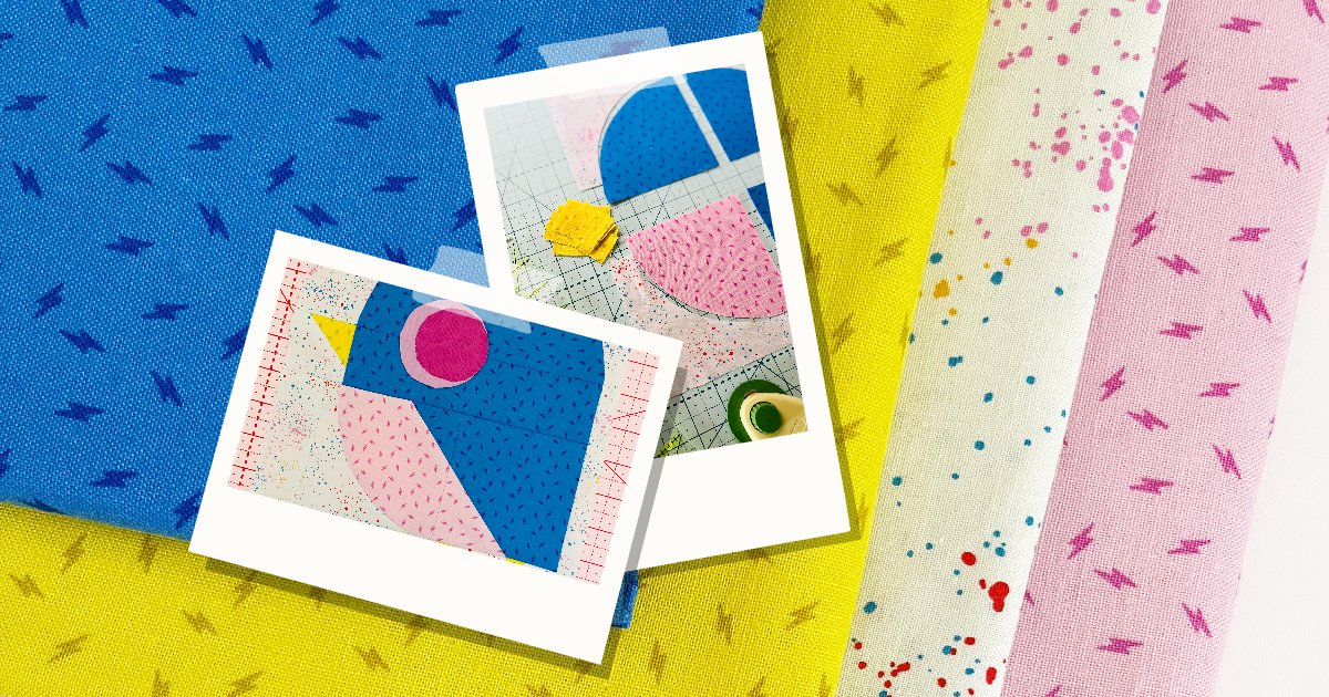 Little Bird baby quilt getting a makeover in Atomic fabric by @LibsElliott  in Fluff, Sky, and Neon Lime 🩷