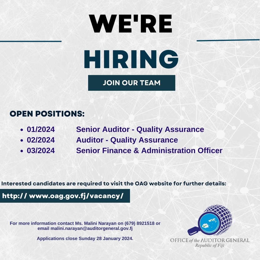 FJ_Audit_Office's tweet photo. 🚨 Vacancy Alert 🚨

Join our team as a:
🔎 Senior Auditor - Quality Assurance
🔎 Auditor - Quality Assurance
🔎 Senior Finance &amp; Administration Officer

ℹ️ Learn more and apply: https://t.co/6LwXuebjIa
📌 Applications close Sunday 28 January 2024. https://t.co/my1qBw8WMA