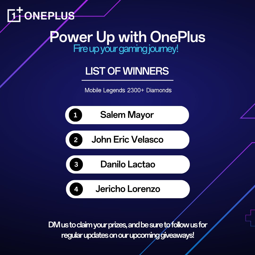 oneplusphl's tweet image. 💥S/o to the legendary winners of our Power Up with OnePlus Challenge! 💥 Congrats on winning a brand new OnePlus Nord CE 3 Lite 5G 📱 and 2300+ Mobile Legends Diamonds! 💎Thank you to everyone who joined! 🎮 🙌   #OnePlusPH #PowerUpWithOnePlus