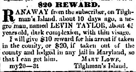FromSlaves's tweet photo. I ran from the enslavement of Mary Lowe in 1856, from her plantation on Tilghman’s Island, MD.  According to census records, I may have been living in Worcester Co MD in 1860 with my wife and infant child and working as a farmer. My name was LEVIN TAYLOR. https://t.co/2O8E00YoFi